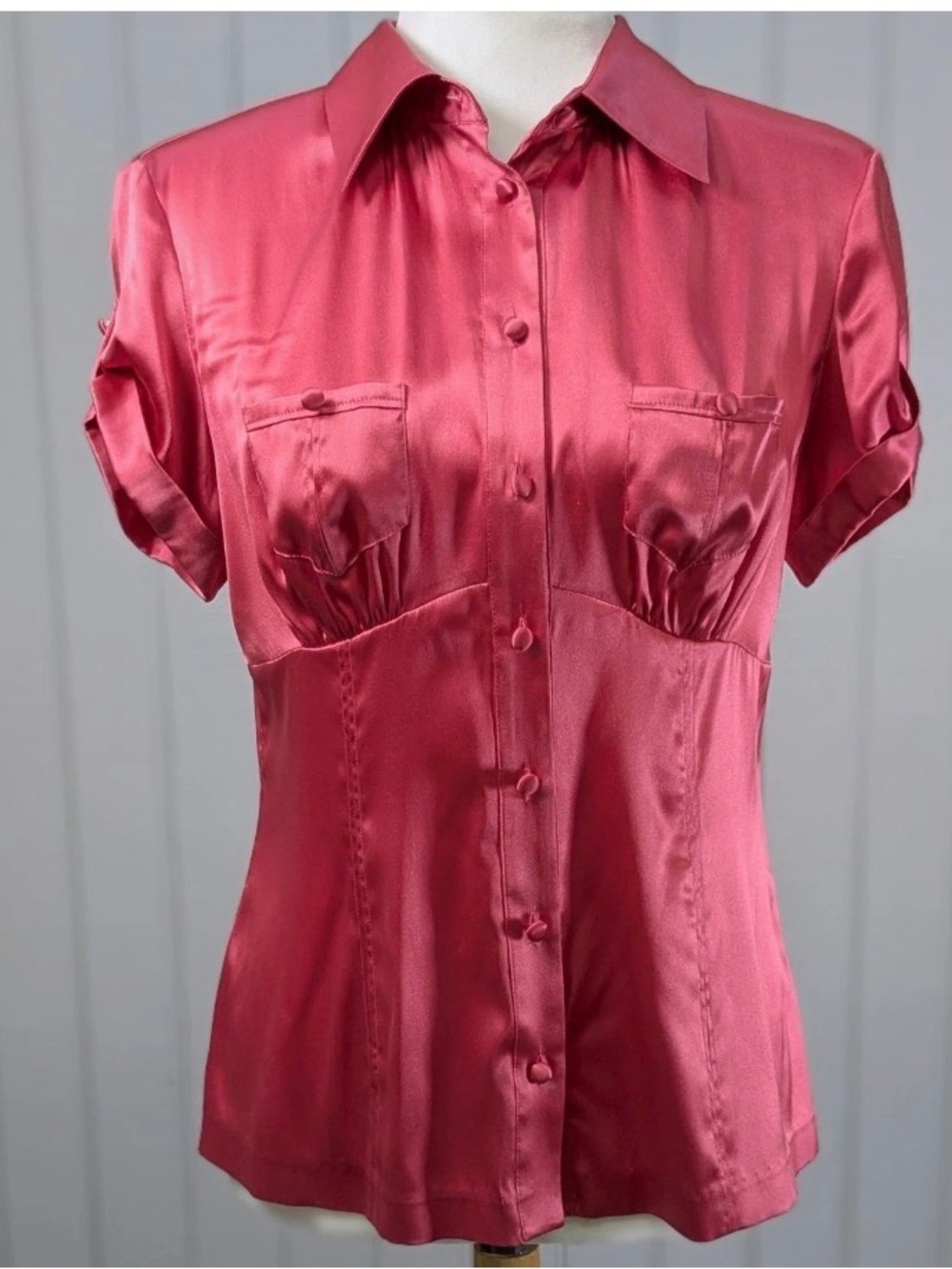 Arden B Satin Button-Down Blouse in Rose Pink